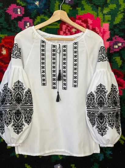 White Hand-Embroidered Cotton Boho Blouse – Black Folk Tunic Top with Tassel Neck & Puffed Sleeves