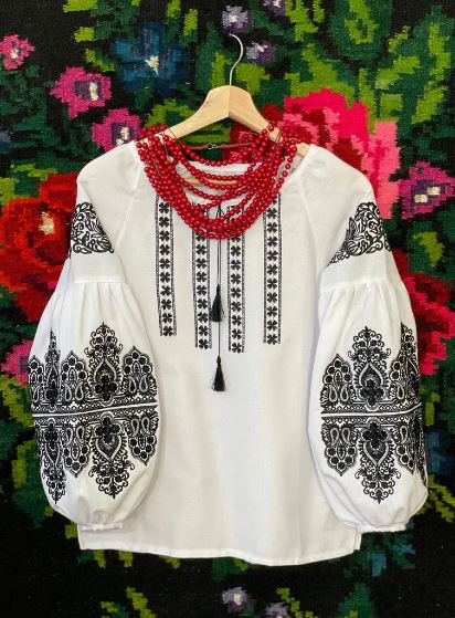 White Hand-Embroidered Cotton Boho Blouse – Black Folk Tunic Top with Tassel Neck & Puffed Sleeves