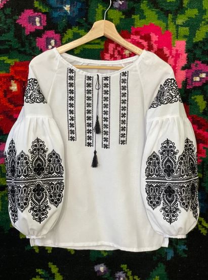 White Hand-Embroidered Cotton Boho Blouse – Black Folk Tunic Top with Tassel Neck & Puffed Sleeves