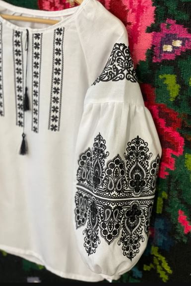 White Hand-Embroidered Cotton Boho Blouse – Black Folk Tunic Top with Tassel Neck & Puffed Sleeves
