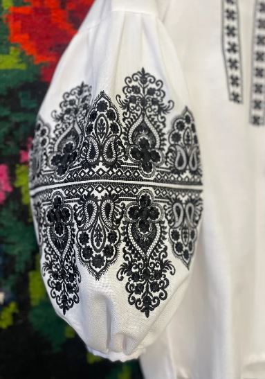 White Hand-Embroidered Cotton Boho Blouse – Black Folk Tunic Top with Tassel Neck & Puffed Sleeves