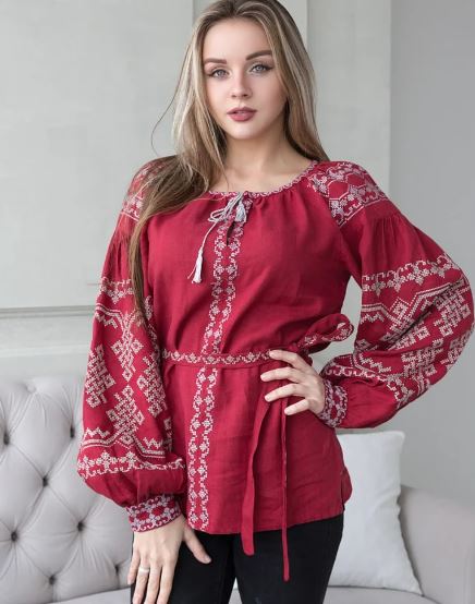 Hand-Embroidered Red Folk Cotton Blouse – Puff Sleeve Boho Top with Waist Tie & Tassel
