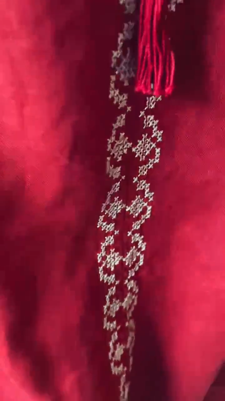 Hand-Embroidered Red Folk Cotton Blouse – Puff Sleeve Boho Top with Waist Tie & Tassel