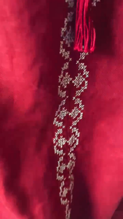 Hand-Embroidered Red Folk Cotton Blouse – Puff Sleeve Boho Top with Waist Tie & Tassel