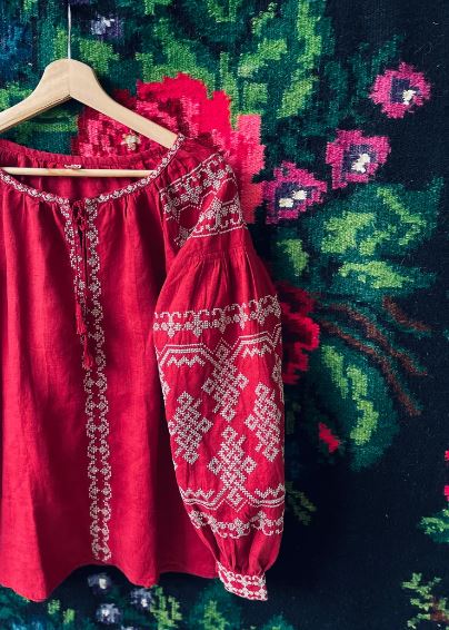 Hand-Embroidered Red Folk Cotton Blouse – Puff Sleeve Boho Top with Waist Tie & Tassel