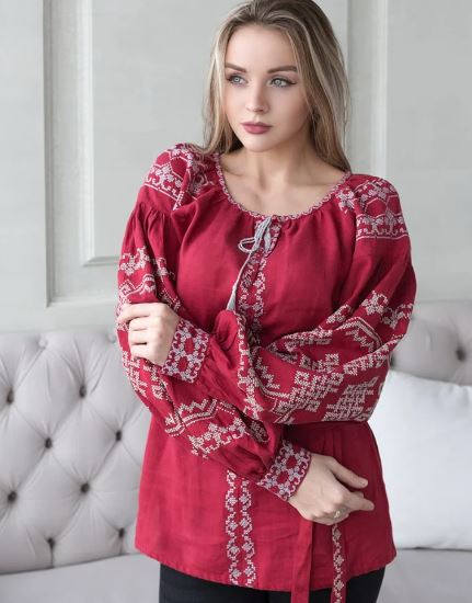 Hand-Embroidered Red Folk Cotton Blouse – Puff Sleeve Boho Top with Waist Tie & Tassel