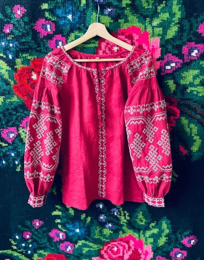 Hand-Embroidered Red Folk Cotton Blouse – Puff Sleeve Boho Top with Waist Tie & Tassel