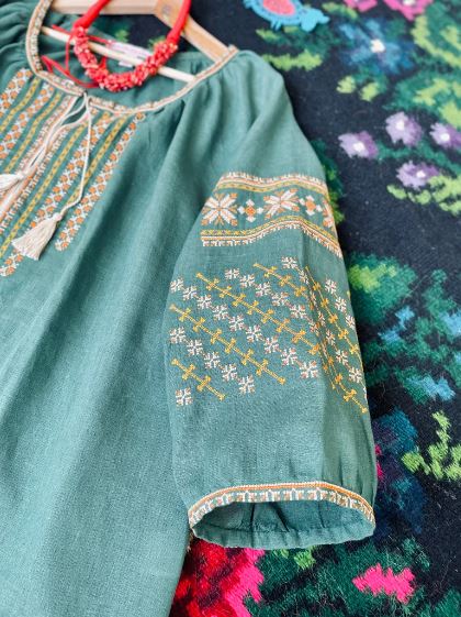 Forest Green Embroidered Cotton Blouse | Boho Tassel Tie Peasant Top | Folk Art Cross-Stitch Tunic for Women | Vyshyvanka Inspired Shirt