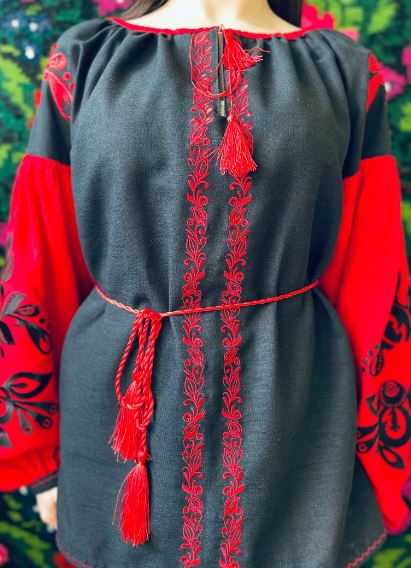 Black & Red Hand-Embroidered Cotton Boho Blouse Top – Traditional Folk Tunic Top with Puffed Sleeves