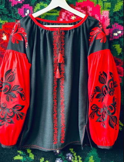 Black & Red Hand-Embroidered Cotton Boho Blouse Top – Traditional Folk Tunic Top with Puffed Sleeves