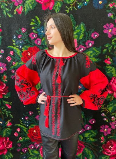 Black & Red Hand-Embroidered Cotton Boho Blouse Top – Traditional Folk Tunic Top with Puffed Sleeves