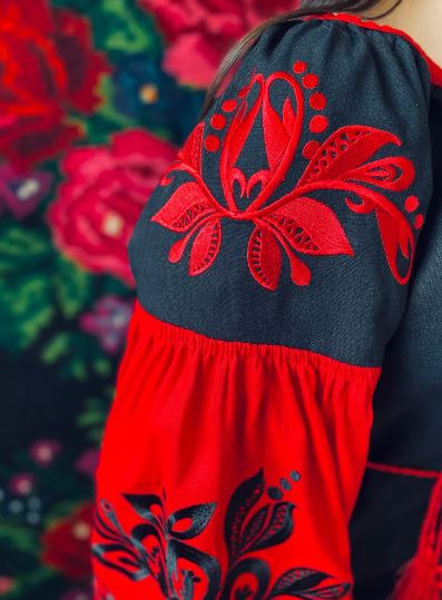 Black & Red Hand-Embroidered Cotton Boho Blouse Top – Traditional Folk Tunic Top with Puffed Sleeves