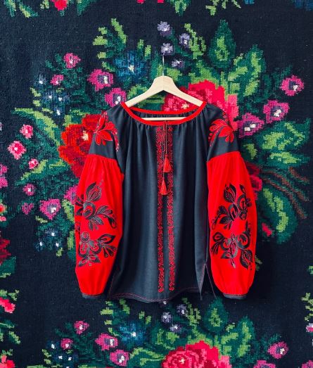 Black & Red Hand-Embroidered Cotton Boho Blouse Top – Traditional Folk Tunic Top with Puffed Sleeves