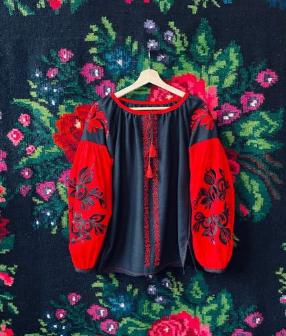 Black & Red Hand-Embroidered Cotton Boho Blouse Top – Traditional Folk Tunic Top with Puffed Sleeves