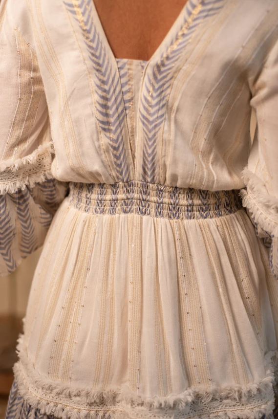 White Blue Embroidered Boho Tassel Tie Mini Dress – Cotton Vacation Chic