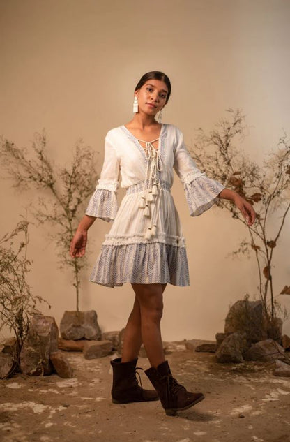 White Blue Embroidered Boho Tassel Tie Mini Dress – Cotton Vacation Chic