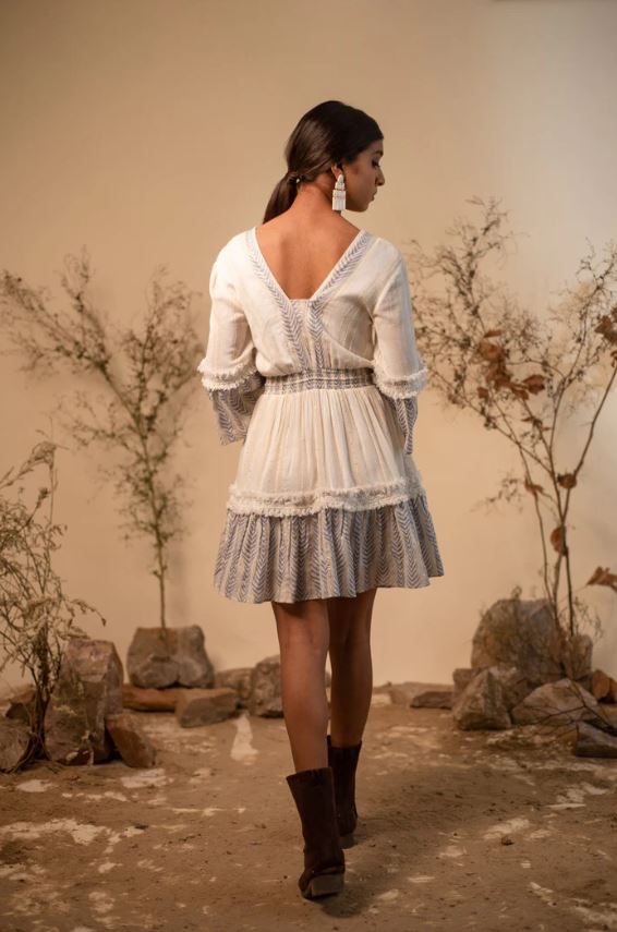 White Blue Embroidered Boho Tassel Tie Mini Dress – Cotton Vacation Chic
