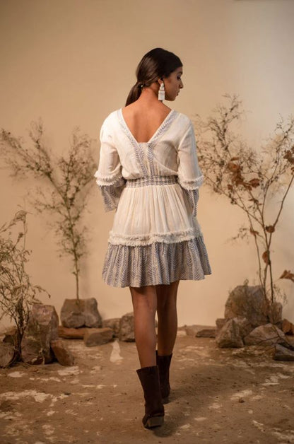 White Blue Embroidered Boho Tassel Tie Mini Dress – Cotton Vacation Chic