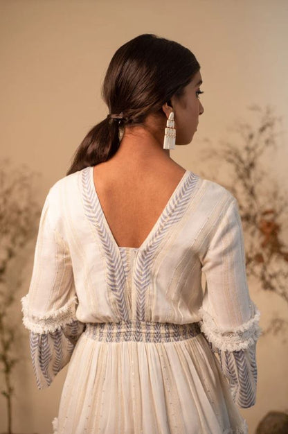 White Blue Embroidered Boho Tassel Tie Mini Dress – Cotton Vacation Chic