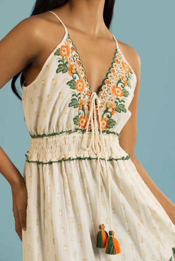 Ivory Embroidered Floral Boho Maxi Dress – Tassel Tie Cotton Vacation