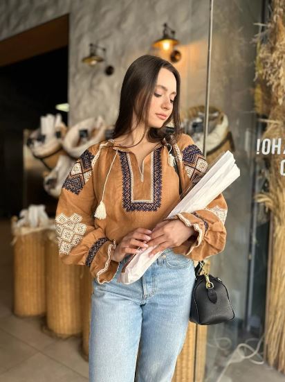 Hand-Embroidered Brown Folk Cotton Blouse – Blue  Geometric Puff Sleeve Boho Top with Tassels