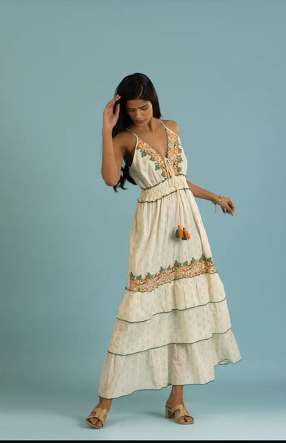 Ivory Embroidered Floral Boho Maxi Dress – Tassel Tie Cotton Vacation