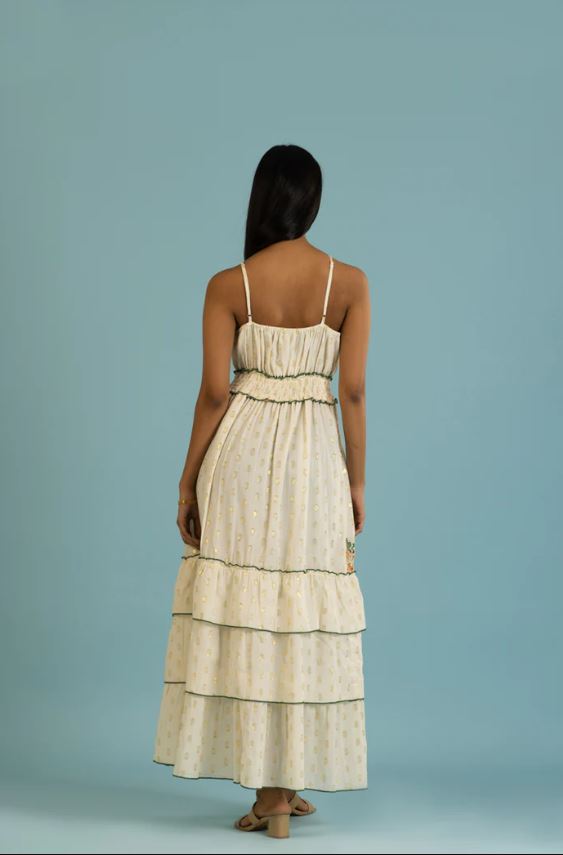 Ivory Embroidered Floral Boho Maxi Dress – Tassel Tie Cotton Vacation
