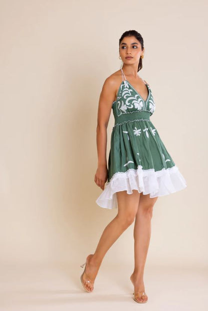 Green Floral Halter Neck Smocked Boho Cotton Mini Dress – Vacation Chic