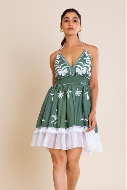 Green Floral Halter Neck Smocked Boho Cotton Mini Dress – Vacation Chic