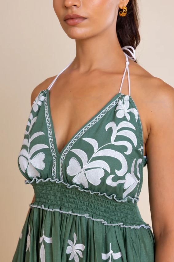 Green Floral Halter Neck Smocked Boho Cotton Mini Dress – Vacation Chic