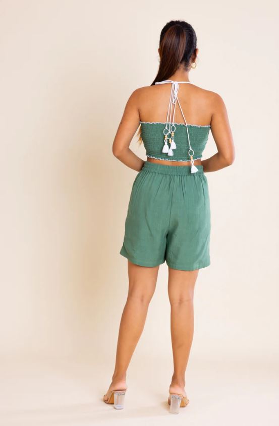 Sage Green Floral Embroidered Halter Crop Top & Shorts 2PICES SET