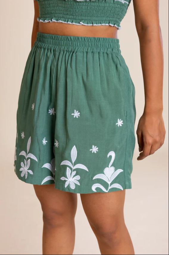 Sage Green Floral Embroidered Halter Crop Top & Shorts 2PICES SET