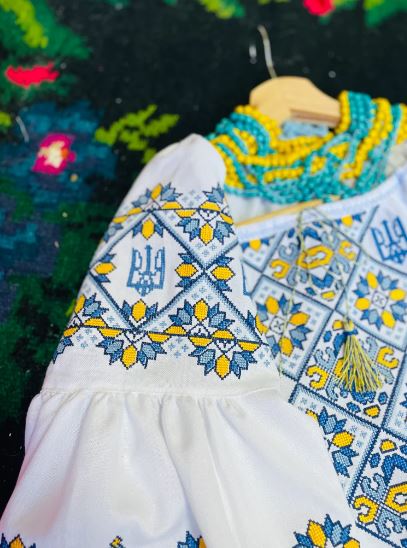 White Hand-Embroidered Ukrainian Vyshyvanka Blouse – Blue & Yellow Folk Tunic Top with Tryzub & Puffed Sleeves
