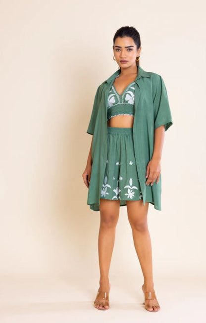 Sage Green Floral Embroidered Halter Crop Top & Shorts 2PICES SET