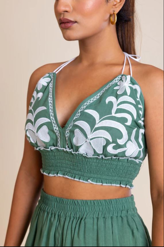 Sage Green Floral Embroidered Halter Crop Top & Shorts 2PICES SET