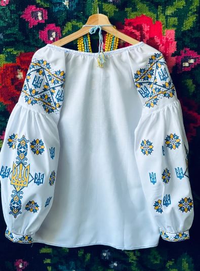 White Hand-Embroidered Ukrainian Vyshyvanka Blouse – Blue & Yellow Folk Tunic Top with Tryzub & Puffed Sleeves