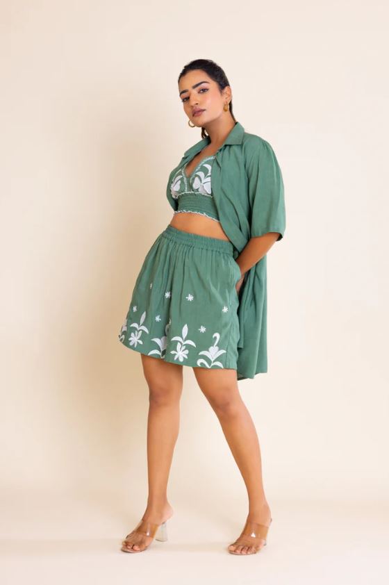 Sage Green Floral Embroidered Halter Crop Top & Shorts 2PICES SET