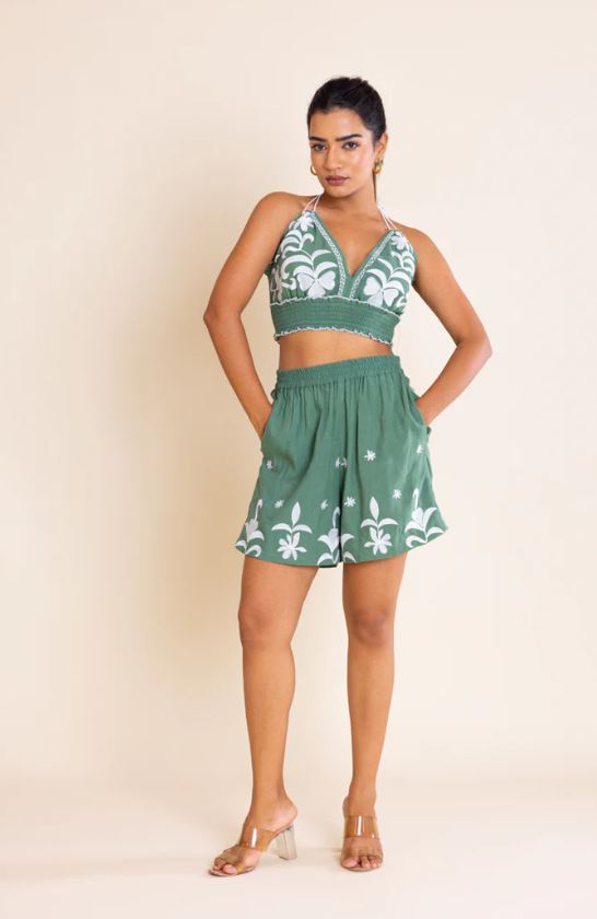 Sage Green Floral Embroidered Halter Crop Top & Shorts 2PICES SET