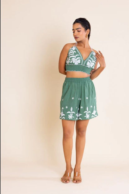 Sage Green Floral Embroidered Halter Crop Top & Shorts 2PICES SET
