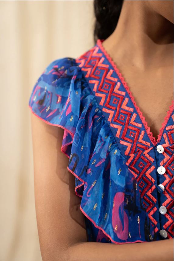 Vibrant Blue Abstract Boho Ruffle Mini Dress – Embroidered Cotton Vacation
