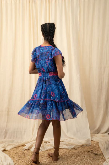 Vibrant Blue Abstract Boho Ruffle Mini Dress – Embroidered Cotton Vacation