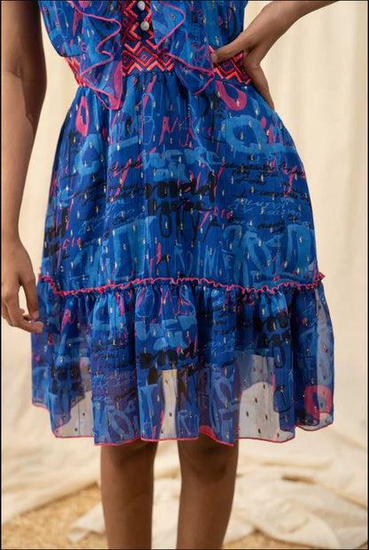 Vibrant Blue Abstract Boho Ruffle Mini Dress – Embroidered Cotton Vacation