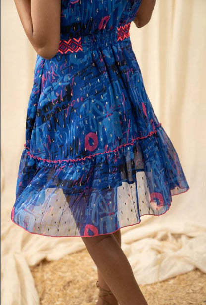 Vibrant Blue Abstract Boho Ruffle Mini Dress – Embroidered Cotton Vacation