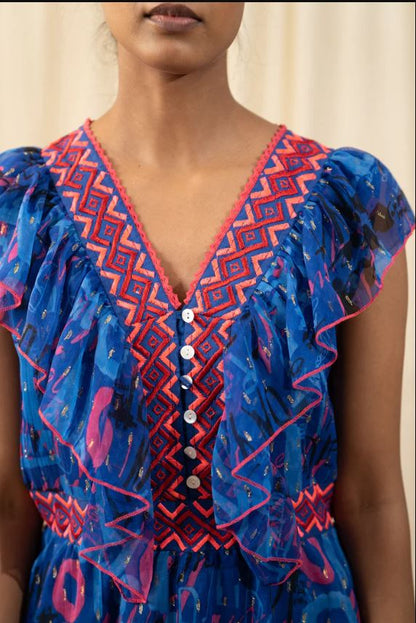 Vibrant Blue Abstract Boho Ruffle Mini Dress – Embroidered Cotton Vacation