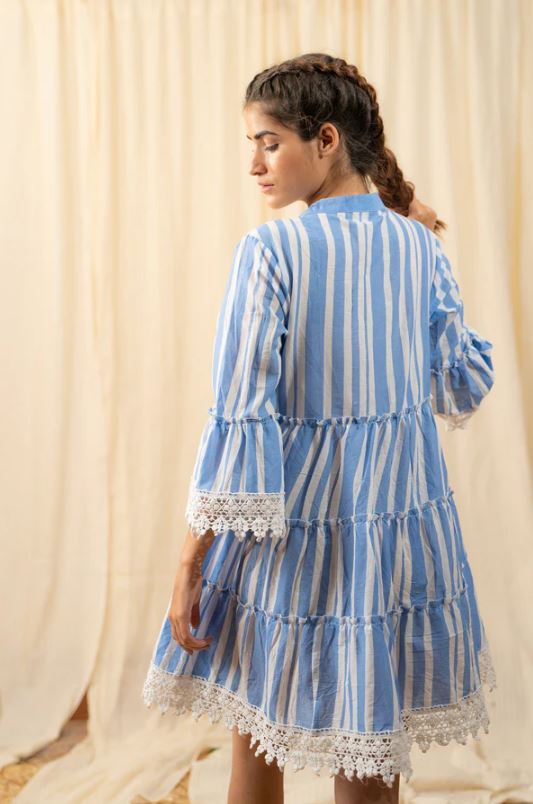 Blue White Striped Boho Lace Trim Puff Sleeve Cotton Mini Dress