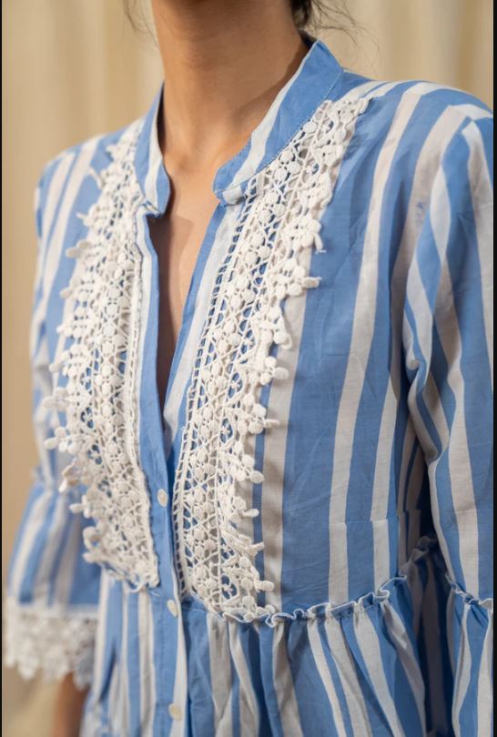 Blue White Striped Boho Lace Trim Puff Sleeve Cotton Mini Dress