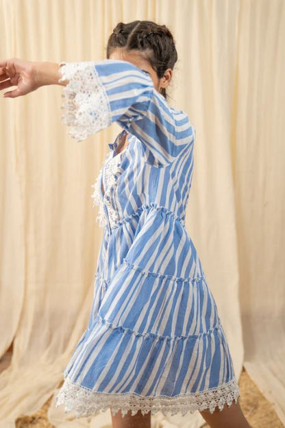 Blue White Striped Boho Lace Trim Puff Sleeve Cotton Mini Dress