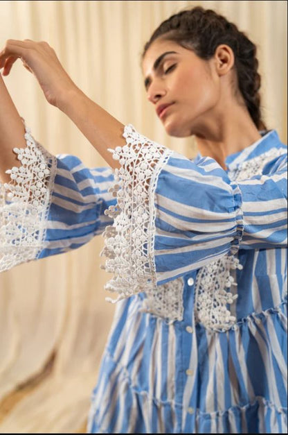 Blue White Striped Boho Lace Trim Puff Sleeve Cotton Mini Dress