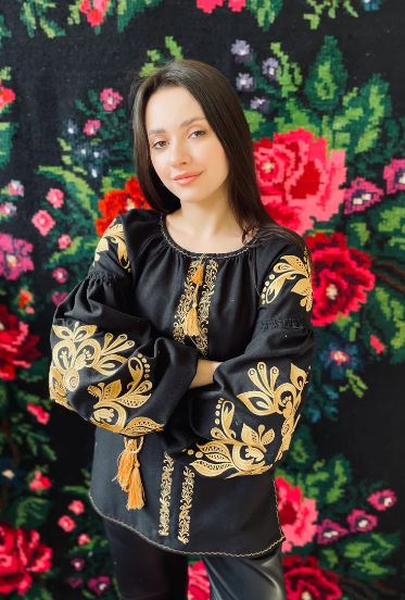Hand-Embroidered Black Gold Floral Cotton Blouse Top – Puff Sleeve Boho Folk Top with Tassels