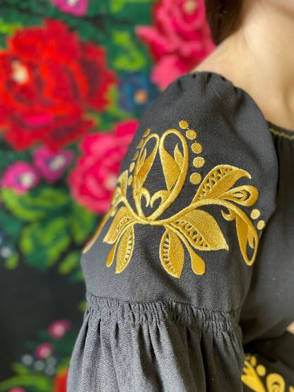 Hand-Embroidered Black Gold Floral Cotton Blouse Top – Puff Sleeve Boho Folk Top with Tassels